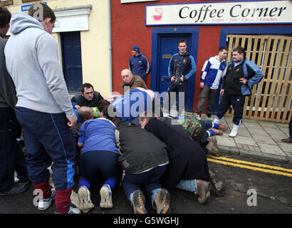 The Jedburgh Hand Ba game played in the town centre by two teams the Uppies and Doonies, who are chosen by where they live. Stock Photo