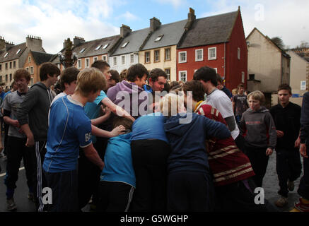 The Jedburgh Hand Ba game played in the town centre by two teams the Uppies and Doonies, who are chosen by where they live. Stock Photo