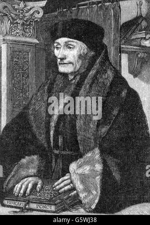 Erasmus of Rotterdam, 27.10.1467 (?) - 12.7.1536, Dutch scholar, half length, wood engraving, 19th century, Stock Photo