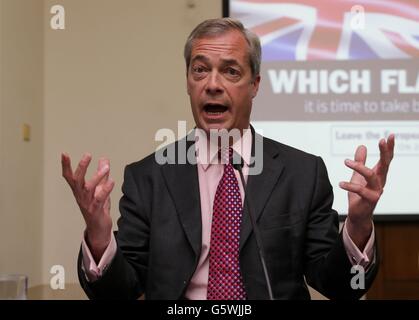 Ukip leader Nigel Farage holds a Q&A after delivering his final speech of the EU referendum campaign at the Emmanuel Centre in London. Stock Photo