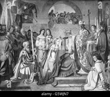 Louis IV 'the Bavarian', 1282 - 11.10.1347, Holy Roman Emperor 17.1.1328 - 11.10.1347, is crowned to emperor by Pope Nikolaus V, Rome, 17.1.1328, wood engraving after painting by Peter von Cornelius, Hofgarten, Munich, 19th century, Artist's Copyright has not to be cleared Stock Photo