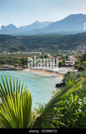 Looking down on Kalogria beach at Stoupa with the Outer Mani coastline in the background, Messinia, Southern Peloponnese, Greece Stock Photo