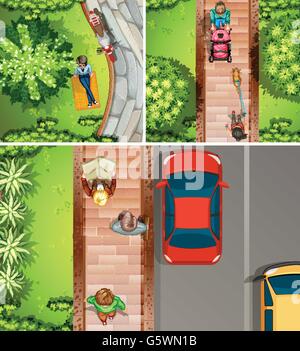 Top view scenes with people in the park and street illustration Stock Vector