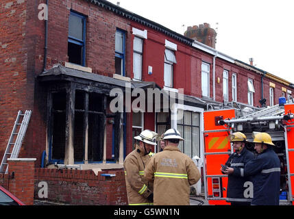 Fire service personnel at the scene of a house fire in Blackpool, Lancashire, where three young children died. Emergency services called at 0435 found the corner house, situated two streets behind the Hilton Hotel on town's north shore, well ablaze. * A spokesman for the Lancashire Constabulary said it was believed there were seven children, their mother, father and grandmother trapped inside the house. They were taken to Blackpool Victoria Hospital where three of the children were pronounced dead on arrival. Stock Photo