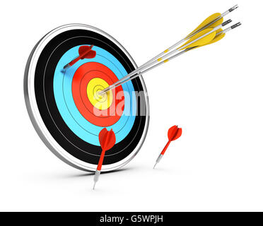 3D illustration of three arrows hitting the center of a target and three darts failled to reach the objective. Conceptual image Stock Photo