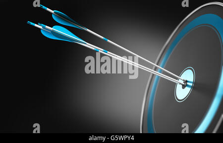 3D illustration of three arrows hitting the center of a modern target with depth of field effect. Conceptual image over black ba Stock Photo