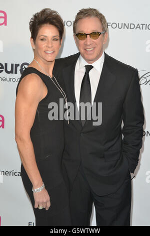 Tim Allen and Jane Hajduk arriving for 2013 Elton John AIDS Foundation Oscar Party held at West Hollywood Park in West Hollywood, Los Angeles. Stock Photo