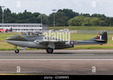 De Havilland (FW Emmen) DH-115 Vampire T55 G-HELV at the Farnborough International Airshow. Stock Photo