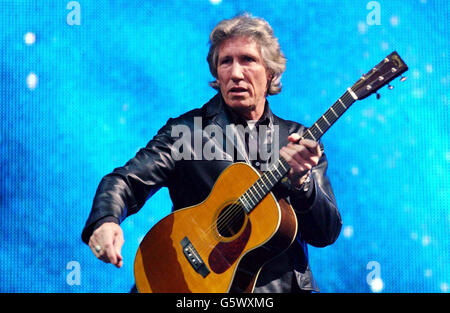 Roger Waters performing on the Pyramid Stage, during the final day of the Glastonbury Festival in Somerset. Stock Photo