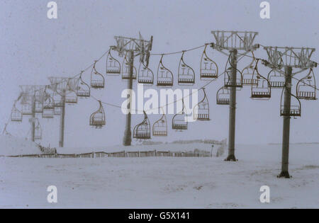 The chairlift at the Lecht ski centre near Tomintoul where an accident occurred showing one side of the lift hanging down. Stock Photo