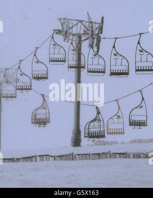 The chairlift at the Lecht ski centre near Tomintoul where an accident occurred showing one side of the lift hanging down. Stock Photo