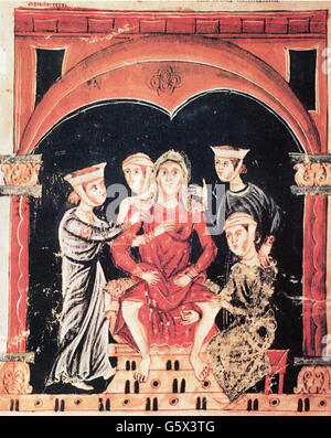 medicine, birth / gynecology, pregnant woman before giving birth, miniature, out of: Medicina antiqua, 13th century, Codex Vindobonensis 93, Additional-Rights-Clearences-Not Available