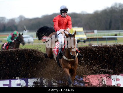 Well Refreshed and jockey Joshua Moore jump through the final fence on their way to victory in the Betfred Grand National Trial Chase during Betfred Grand National Trial at Haydock Racecourse, Newton-le-Willows. Stock Photo