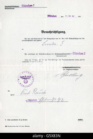 Nazism / National Socialism,military,administration,documents,notification to Karl Rauch about the draft to the Landwehr I according to Defence Act of 21.5.1935,military record office Munich I,31.3.1937,draft notice,message,compulsory military service,defence system surveillance,conscript in furloughed condition,liable military service,military administration,reserve,reserves,Military district VII,Wehrmacht,army,armies,armed forces,Germany,German Reich,Third Reich,administrative office,department,administrative bodies,authority,autho,Additional-Rights-Clearences-Not Available Stock Photo
