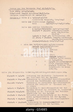 Nazism / National Socialism, military, documents, extract from the service record of sergeant Hans Böck, page one, draft, active military service, promotion, awards, combat service 15.2.1940 - 31.12.1941, Additional-Rights-Clearences-Not Available Stock Photo