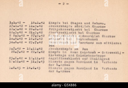 Nazism / National Socialism, military, documents, extract from the service record of sergeant Hans Böck, page two, combat service 1.1.1942 - 15.6.1943, Additional-Rights-Clearences-Not Available Stock Photo