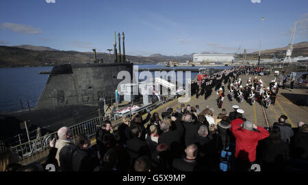 A general view during the commissioning ceremony for HMS Ambush, Britain's most advanced attack submarine, at Faslane naval base in Scotland. Stock Photo