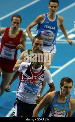 Great Britain's Michael Rimmer (centre) competes in round one of the men's 800metres during day one of the European Indoor Championships at the Scandinavium Arena, Gothenburg, Sweden. Stock Photo