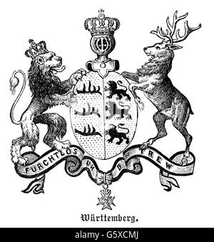 heraldry, coat of arms, Germany, state coat of arms of the Kingdom of Wuerttemberg, wood engraving, 1872, Additional-Rights-Clearences-Not Available Stock Photo