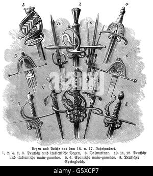 weapons, modern times, swords and daggers, 16th / 17th century, 1, 2, 4, 7 und 8: German and Italian rapiers, 3: Dalmatian, 5 und 6: Spanish parrying daggers, 10 - 12: German and Italian Parrying daggers, 9: deutscher switchblade, wood engraving, 1872 main-gauches, main gauche, dagger, daggers, parrying dagger, baton, thrusting, thrustings, war, wars, warfare, historic, historical, Additional-Rights-Clearences-Not Available