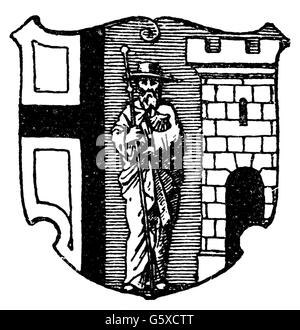 heraldry, coat of arms, Poland, city arms, Olsztyn, wood engraving, 1892, Additional-Rights-Clearences-Not Available Stock Photo