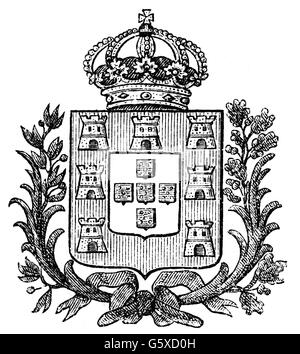 heraldry, coat of arms, Portugal, small state coat of arms of the Kingdom of Portugal, wood engraving, 1893, Additional-Rights-Clearences-Not Available Stock Photo
