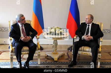 Russian President Vladimir Putin during a bilateral meeting with Armenian President Serzh Sargsyan June 20, 2016 in St. Petersburg, Russia. Stock Photo