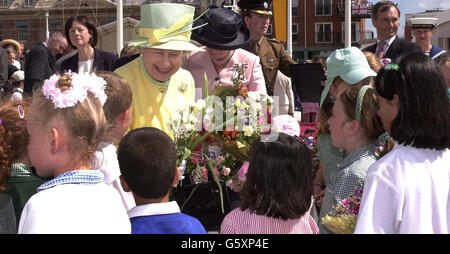 Queen Elizabeth II greets well-wishers at Gunwharf Quays during her Golden Jubilee visit to Portsmouth, Hampshire. Stock Photo