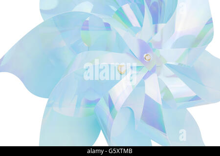 Close up of large blue plastic pinwheel toy, isolated on white. Stock Photo