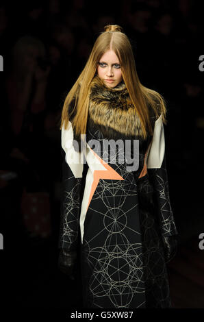 A model on the catwalk during the Jean Pierre Braganza catwalk show on day one of London Fashion Week, Somerset House, London. PRESS ASSOCIATION Photo. Picture date: Friday February 15, 2013. See PA story CONSUMER Fashion. Photo credit should read: Dominic Lipinski/PA Wire Stock Photo