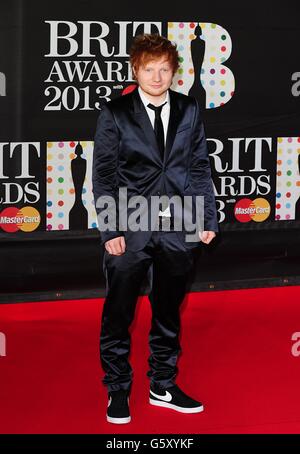 Brit Awards 2013 - Arrivals - London. Ed Sheeran arriving for the 2013 Brit Awards at the O2 Arena, London. Stock Photo
