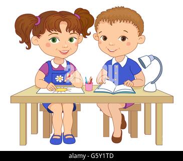 Funny pupils sit on desks read draw clay cartoon illustration Stock Vector