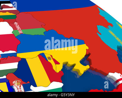 Map of Ukraine with embedded flags on 3D political map. Accurate official colors of flags. 3D illustration Stock Photo