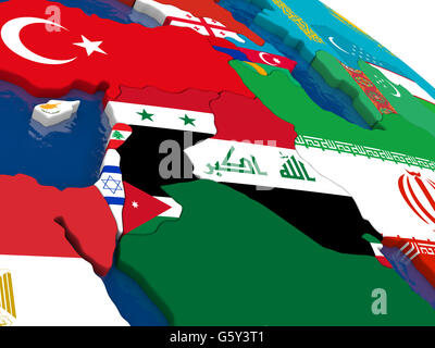 Map of Israel, Lebanon, Jordan, Syria and Iraq region with embedded flags on 3D political map. Accurate official colors of flags Stock Photo