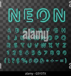 Bright neon letters, full latin alphabet on transparent background Stock Vector