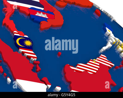 Map of Malaysia with embedded flags on 3D political map. Accurate official colors of flags. 3D illustration Stock Photo