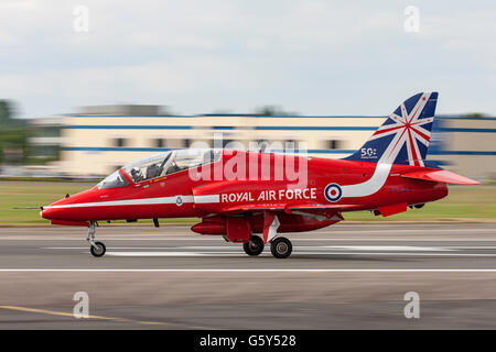 Royal Air Force (RAF) Red Arrows aerobatic display team performing at the Farnborough International Airshow Stock Photo