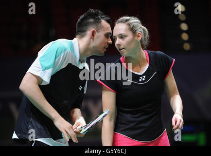 England's Chris Adcock (left) and Gabrielle White during day one of the 2013 Yonex All England Badminton Championships at the National Indoor Arena, Birmingham. Stock Photo