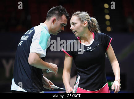 England's Chris Adcock (left) and Gabrielle White during day one of the 2013 Yonex All England Badminton Championships at the National Indoor Arena, Birmingham. Stock Photo