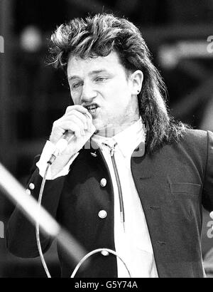 Rock star Bono, the 25-year-old lead singer with the Irish group U2, performing at the Live Aid concert in July this year. Stock Photo