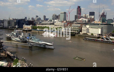 The view from the top of the new office of the Greater London Authority building on the South Bank of the river Thames, overlooking HMS Belfast and the City of London. * ...The building will be open to members of the public from Tuesday 16 July, to see the views from an open balcony across the London skyline free of charge. Stock Photo