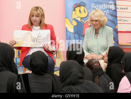 The Duchess of Cornwall talks with pupils as she visits the Amna Mahmoud Al Jeddah Primary Independant School for Girls on day four of the Royal tour to the Middle East in Doha, Qatar. Stock Photo