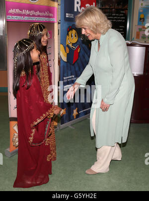 The Duchess of Cornwall talks with pupils as she visits the Amna Mahmoud Al Jeddah Primary Independant School for Girls on day four of the Royal tour to the Middle East in Doha, Qatar. Stock Photo