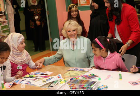 The Duchess of Cornwall talks with pupils as she visits the Amna Mahmoud Al Jeddah Primary Independant School for Girls on day four of the Royal tour to the Middle East in Doha, Qatar. Stock Photo