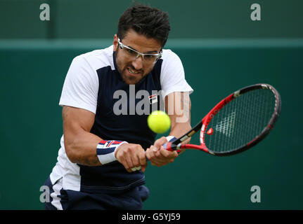 Serbia's Janko Tipsarevic in action during his match with Argentina's Juan Monaco on day two of The Boodles at Stoke Park, Buckinghamshire. PRESS ASSOCIATION Photo. Picture date: Wednesday June 22, 2016. See PA story TENNIS Boodles. Photo credit should read: Scott Heavey/PA Wire Stock Photo