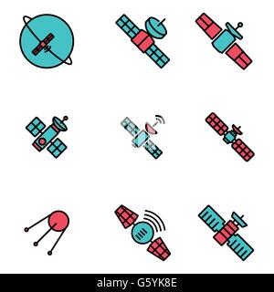 Vector line orbit satellite icons set Stock Vector