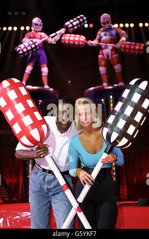 Ulrika Jonsson and John Fashanu, hosts to new LWT show 'Gladiators' being recorded at the NIA Birmingham. Stock Photo