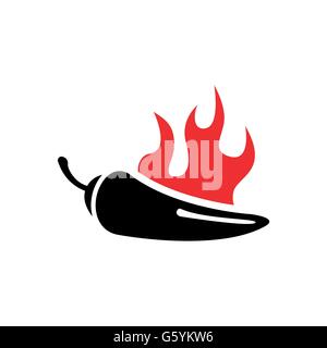 Vector black chilli pepper icon and red fire Stock Vector