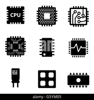 Vector black CPU microprocessor and chips icons set Stock Vector