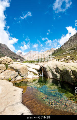 Pool with small waterfall in the mountains, river Golo, Nature Park of Corsica, Parc naturel régional de Corse, Corsica, France Stock Photo